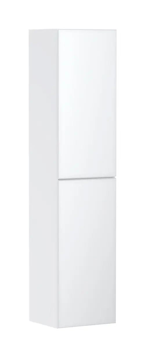 Hochschrank in Mattweiß mit zwei Türen, der auf der linken Seite geöffnet wird. Der Schrank ist in einem modernen Raum platziert und von der Marke Hansgrohe.